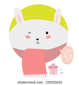 Happy New Year and merry Christmas card with cartoon and funny animals with place text. Cute bunny wrapped in a scarf, congratulates all of the holidays. Can be used like greeting or postal card