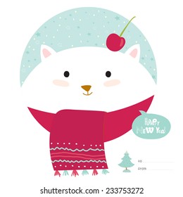 Happy New Year and merry Christmas card with cartoon and funny animals with place text. Cute cat wrapped in a scarf, congratulates all of the holidays. Can be used like greeting or postal card