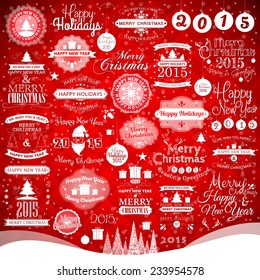 Happy New Year, Merry Christmas, Happy Holiday labels and decoration elements, vector illustration for holiday design. Party poster, greeting card, banner or invitation.