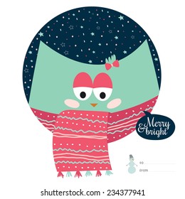 Happy New Year and merry Christmas card with cartoon and funny animals with place text. Cute owl wrapped in a scarf, congratulates all of the holidays. Can be used like greeting or postal card