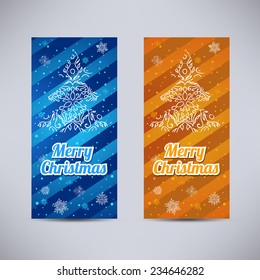 Happy New Year and Merry Christmas vector backgrounds blue and orange vertical set - ornament fir-tree and snowflakes