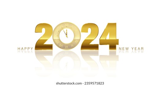 Happy New Year and Merry Christmas. Golden text 2024 with clock countdown instead zero and reflection. Holiday greeting card design. Vector illustration