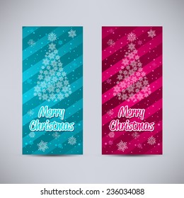 Happy New Year and Merry Christmas vector backgrounds aqua and pink vertical set - ornament fir-tree and snowflakes