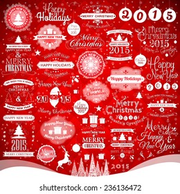 Happy New Year, Merry Christmas, Happy Holiday labels and decoration elements, vector illustration for holiday design. Party poster, greeting card, banner or invitation.