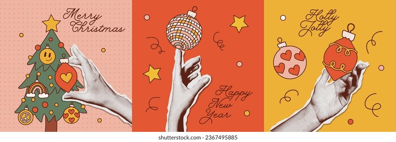 Feliz Año Nuevo y Feliz Navidad retro juego de tarjetas de felicitación. Banderas cuadradas con elementos modernos de medio tono para los collages. Manos sosteniendo juguetes de árbol de navidad, bolas con un lindo texto escrito. Ilustración vectorial.