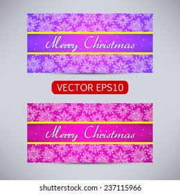 Happy New Year and Merry Christmas vector pink and violet banners - horizontal set with snowflakes