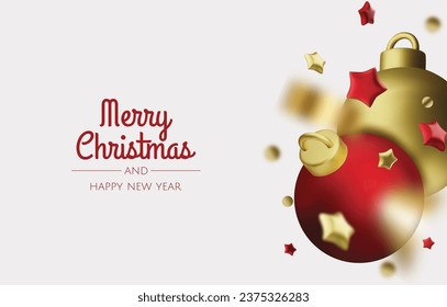 Happy New Year and Merry Christmas. Christmas holiday background with realistic 3d object, christmas balls, gifts. Levitation falling design composition.
