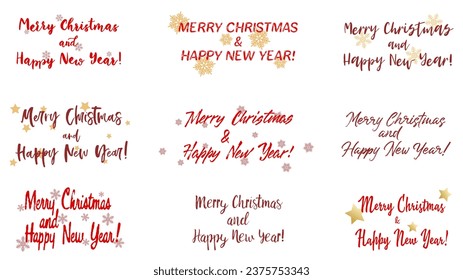 Happy New Year and Merry Christmas lettering callygraphic font text. Happy New Year X-mas warm wishes, happiness Merry Christmas seasonal vector with stars and snowflakes.