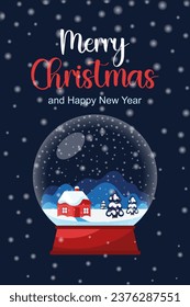 Happy New Year and Merry Christmas banner. Christmas snow globe with winter landscape.Poster, greeting card, flyer