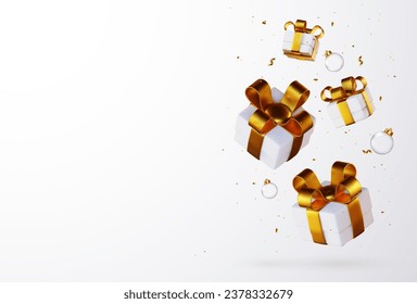 Happy New Year and Merry Christmas 2024, white gift box with gold ribbon and gold sequins confetti on white background. The gift boxes are seen falling, creating an attractive vector illustration.