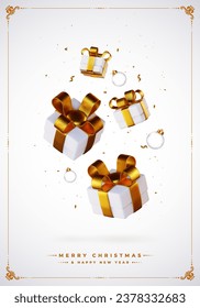 Happy New Year and Merry Christmas 2024, white gift box with gold ribbon and gold sequins confetti on white background. The gift boxes are seen falling, creating an attractive vector illustration.