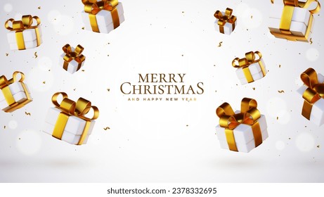 Happy New Year and Merry Christmas 2024, white gift box with gold ribbon and gold sequins confetti on white background. The gift boxes are seen falling, creating an attractive vector illustration.