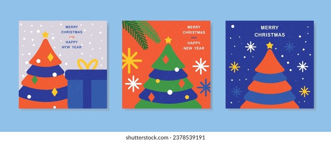 Happy New Year and Merry Christmas. Set of backgrounds, greeting cards, posters. Design templates with typography, holiday wishes, for web, social networks, print