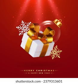 Happy New Year and Merry Christmas 2024, white gift box with gold ribbon and shiny snow on red background. The gift boxes appear to be falling, creating an interesting vector illustration.