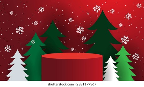 Happy New Year and Merry Christmas background. abstract minimal mock up scene. geometry podium shape for show cosmetic product display. winter christmas red background. .Winter mountain Christmas