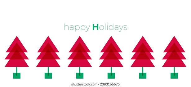 Happy New Year and Merry Christmas. Minimal style background with fir trees, design template with typography, seasonal wishes in modern minimalist style for web, social media, print	
