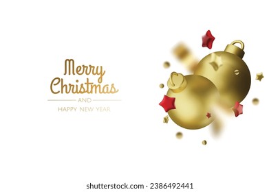 Happy New Year and Merry Christmas. Christmas holiday background with realistic 3d objects,gold and red bauble balls, conical metal stars. Levitation falling design composition.