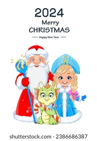 Happy New Year and Merry Christmas. Russian Father Frost (Santa Claus) and Snegurochka (Snow Maiden) standing near cute Dragon. Cartoon characters for winter holidays