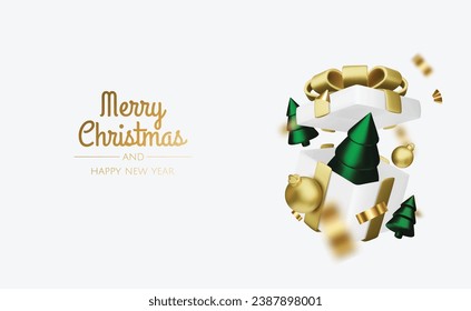 Happy New Year and Merry Christmas. Christmas holiday background with realistic 3d objects,gold and red bauble balls, conical metal stars. Levitation falling design composition.