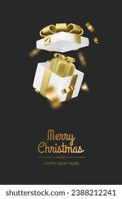 Happy New Year and Merry Christmas. Christmas holiday background with realistic 3d objects,gold and red bauble balls, conical metal stars. Levitation falling design composition.