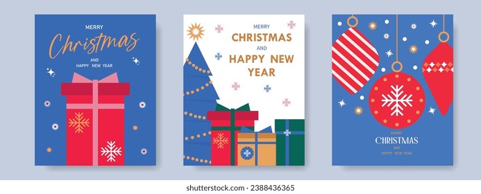 Feliz Año Nuevo y Feliz Navidad. Juego de tarjetas de felicitación, portadas de vacaciones. Diseño navideño moderno. Vector.