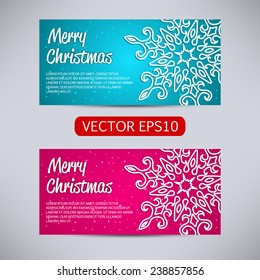 Happy New Year and Merry Christmas vector aqua and pink banners - horizontal set with snowflake