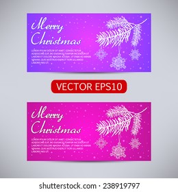 Happy New Year and Merry Christmas vector pink and violet banners - horizontal set with pine branch with snowflakes