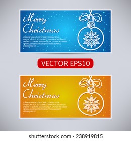 Happy New Year and Merry Christmas vector blue and orange banners - horizontal set with christmas ball with snowflakes