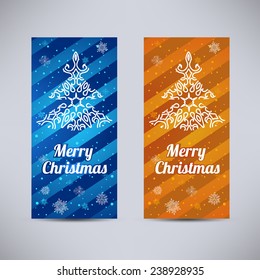 Happy New Year and Merry Christmas vector backgrounds blue and orange vertical set with ornament fir - tree