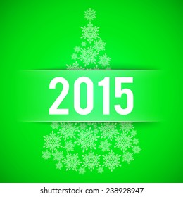 Happy New Year and Merry Christmas green or lime vector background with fir - tree from snowflakes