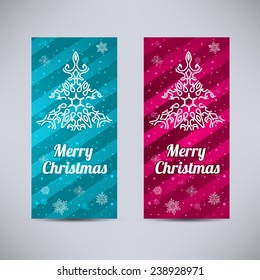 Happy New Year and Merry Christmas vector backgrounds aqua and pink vertical set with ornament fir - tree
