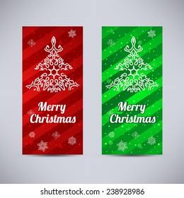 Happy New Year and Merry Christmas vector backgrounds red and green vertical set with ornament fir - tree