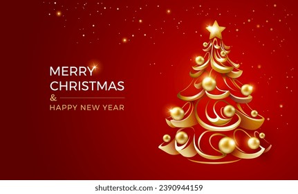 Happy New Year and Merry Christmas red and gold background. Abstract golden Christmas tree shape with star and Christmas balls decoration, modern trendy style - Vector illustration