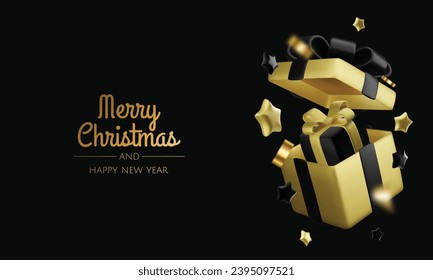 Happy New Year and Merry Christmas. Background with realistic holiday ball and gift. Christmas balls, gold stars, shiny confetti.