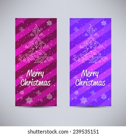 Happy New Year and Merry Christmas vector backgrounds pink and violet vertical set with ornament fir - tree