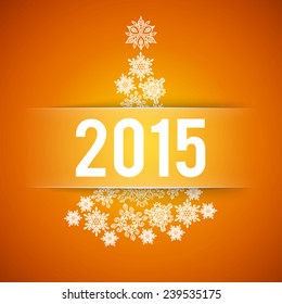 Happy New Year and Merry Christmas orange vector background with fir - tree from snowflakes