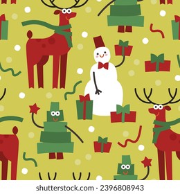 Happy New Year and Merry Christmas background with cartoon snowman, reindeer, christmas tree and gift box on green background. Festive wallpaper, textile design. Vector illustration