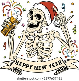 Happy New Year, Merry Christmas, Funny Skeleton Drink Beer, Funny Santa Skeleton, New Year 2024, Skeleton Santa Hat