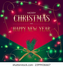 Happy new year and Merry Christmas design. Christmas background with design elements. Festive Xmas composition, glowing garland decorations. Modern Xmas art card, flyer, layout, poster, cover. Greetin