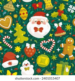 Happy New Year and Merry Christmas seamless pattern with cartoon santa claus, christmas tree, toys, snowflakes on dark background. Festive wallpaper, textile design. Vector illustration