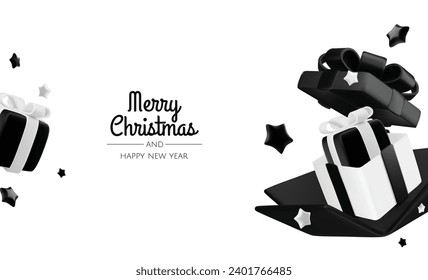 Happy New Year and Merry Christmas. Christmas holiday background with realistic 3d objects,gold and red bauble balls, conical metal stars. Levitation falling design composition.