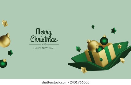 Happy New Year and Merry Christmas. Christmas holiday background with realistic 3d objects,gold and red bauble balls, conical metal stars. Levitation falling design composition.