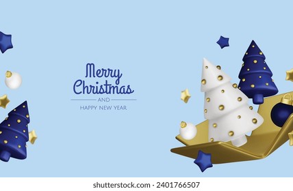 Happy New Year and Merry Christmas. Christmas holiday background with realistic 3d objects,gold and red bauble balls, conical metal stars. Levitation falling design composition.
