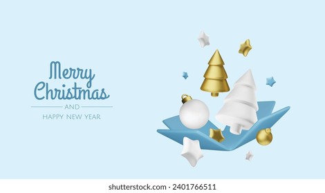 Happy New Year and Merry Christmas. Christmas holiday background with realistic 3d objects,gold and red bauble balls, conical metal stars. Levitation falling design composition.