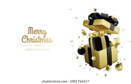 Happy New Year and Merry Christmas. Background with realistic holiday ball and gift. Christmas balls, gold stars, shiny confetti.