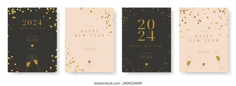 Happy New Year, Merry Christmas poster set. Gold confetti tinsel greeting card, Winter holiday invite, Brochure voucher template. Elegance festive. Minimal simple style. Flat vector illustration.