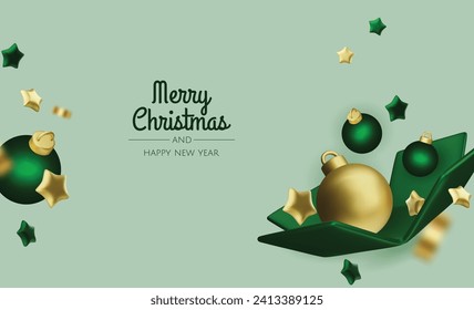 Happy New Year and Merry Christmas. Christmas holiday background with realistic 3d objects,gold and red bauble balls, conical metal stars. Levitation falling design composition.