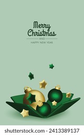 Happy New Year and Merry Christmas. Christmas holiday background with realistic 3d objects,gold and red bauble balls, conical metal stars. Levitation falling design composition.