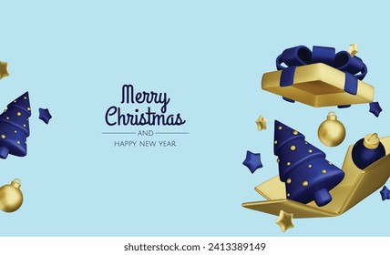 Happy New Year and Merry Christmas. Background with realistic holiday ball and gift. Christmas balls, gold stars, shiny confetti.