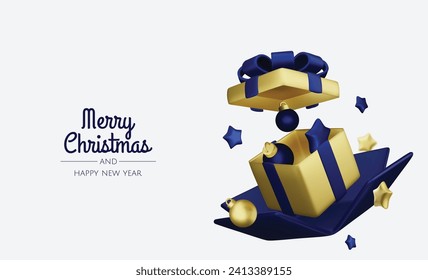 Happy New Year and Merry Christmas. Christmas holiday background with realistic 3d objects,gold and red bauble balls, conical metal stars. Levitation falling design composition.